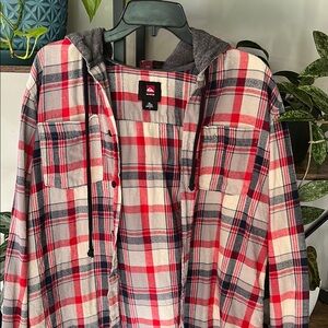 Quiksilver Red and Gray Checkered Hooded Shirt